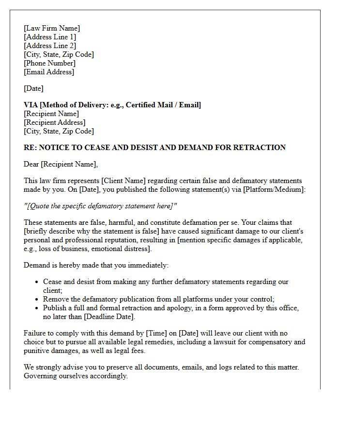 Formal Law Firm Letter Demanding Retraction of Defamation