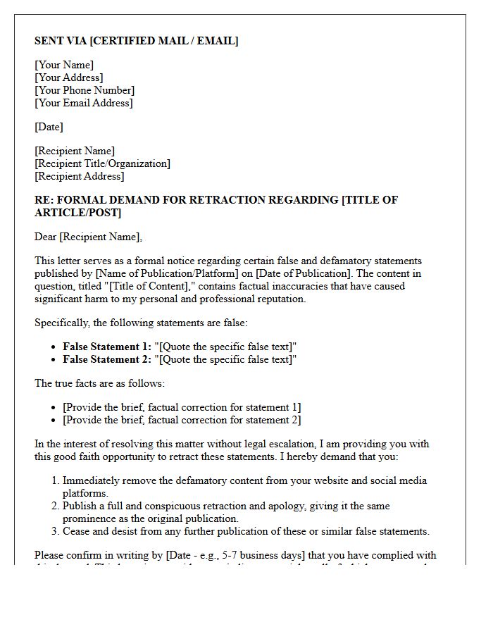 Pre-Litigation Letter for Good Faith Retraction Demand
