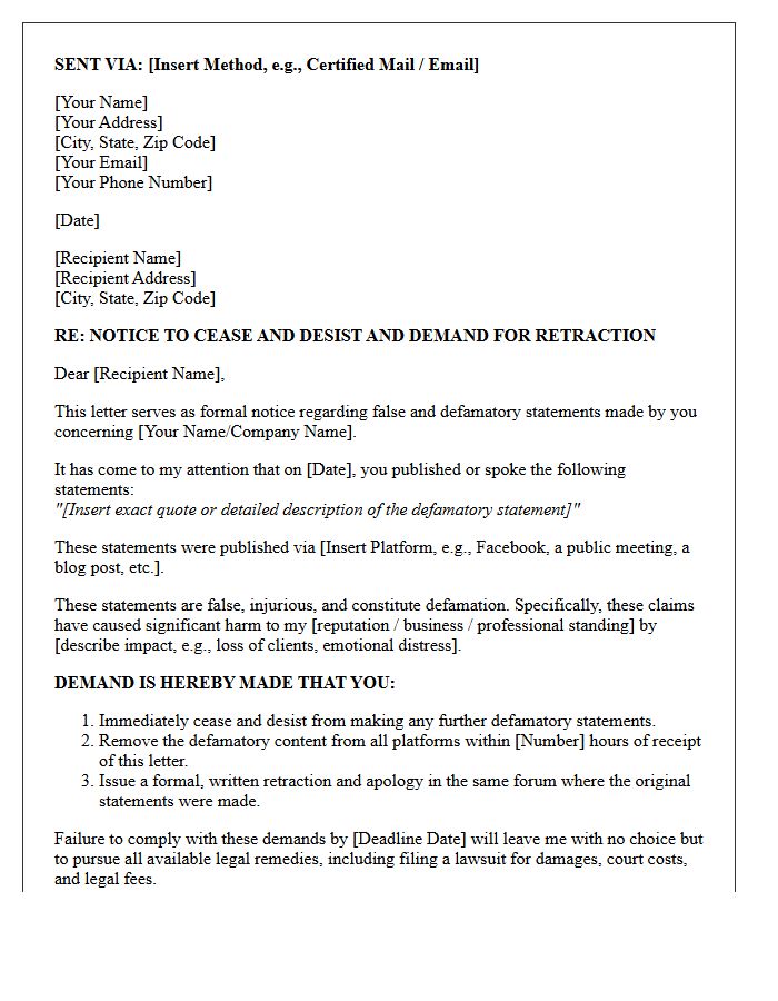 Notice and Demand Letter Regarding Defamatory Statements