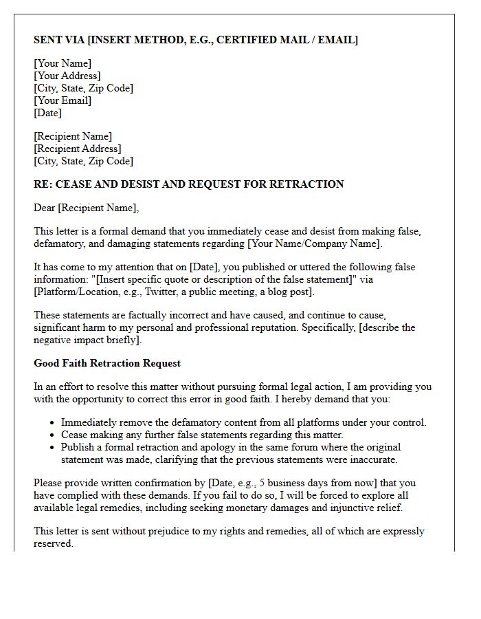Cease and Desist Letter with Good Faith Retraction Request