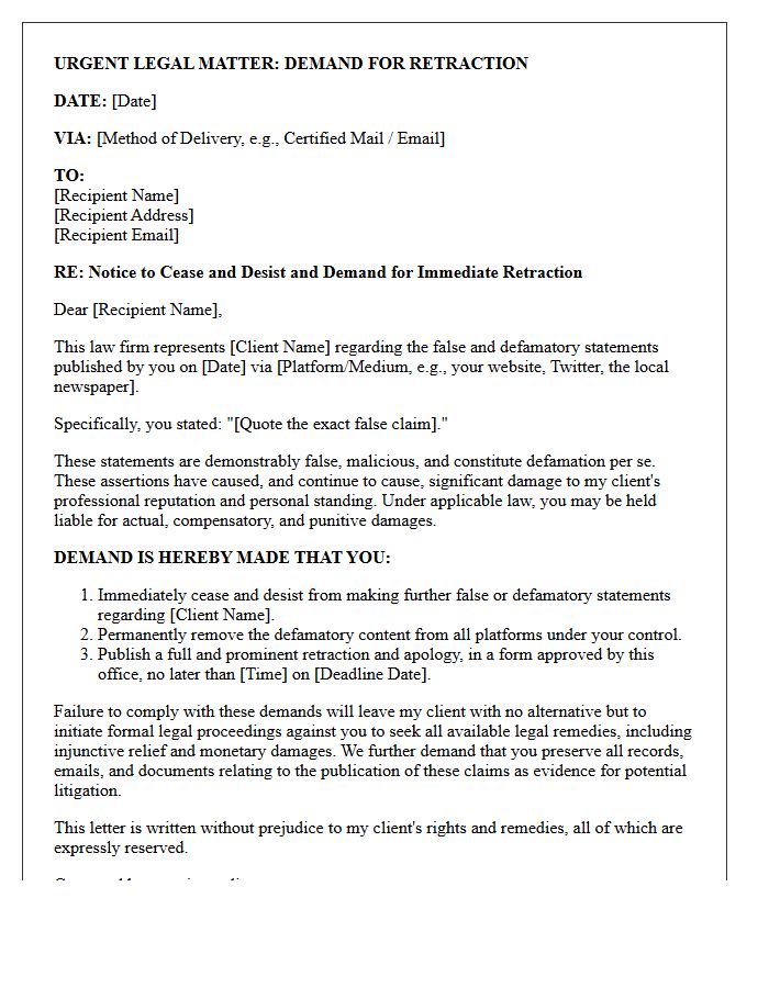 Attorney Letter Demanding Immediate Retraction of False Claims