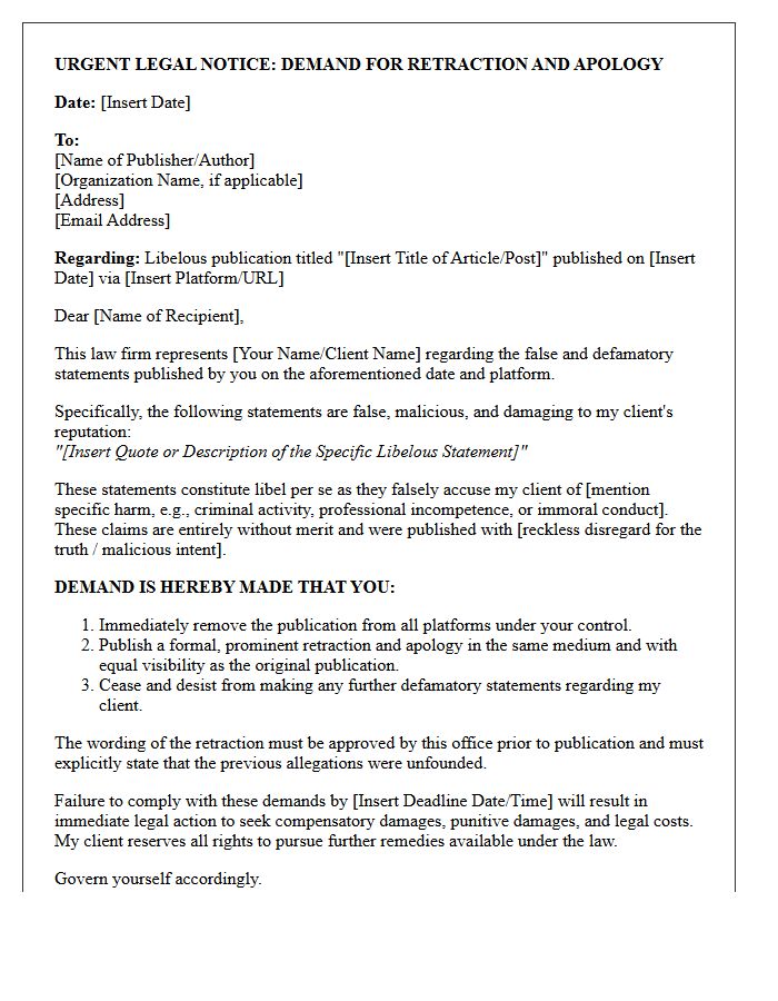 Legal Notice Letter for Retraction of Libelous Publications