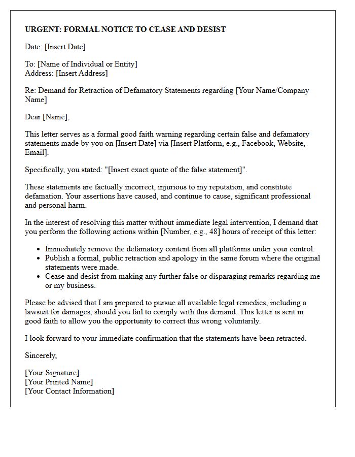 Good Faith Warning Letter Demanding Defamation Retraction