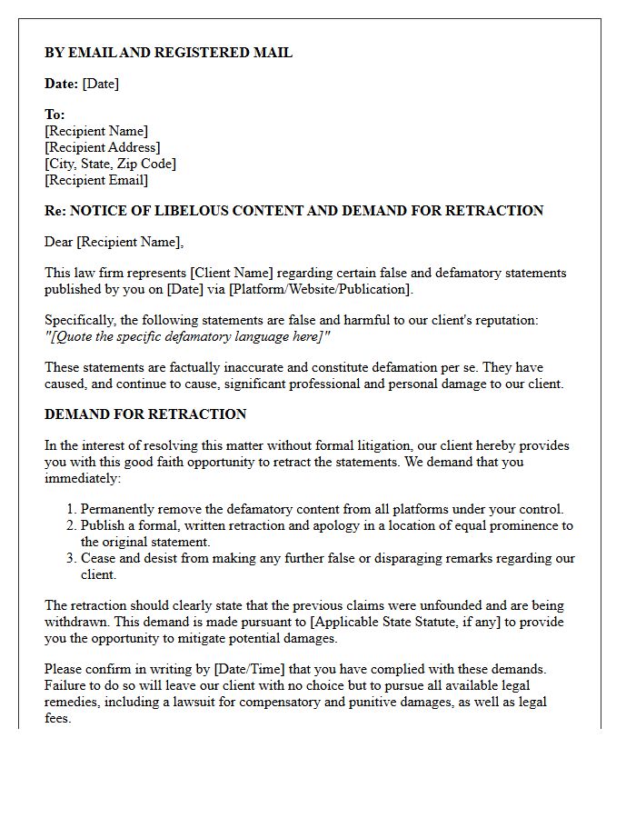 Law Firm Notice Letter and Good Faith Retraction Demand