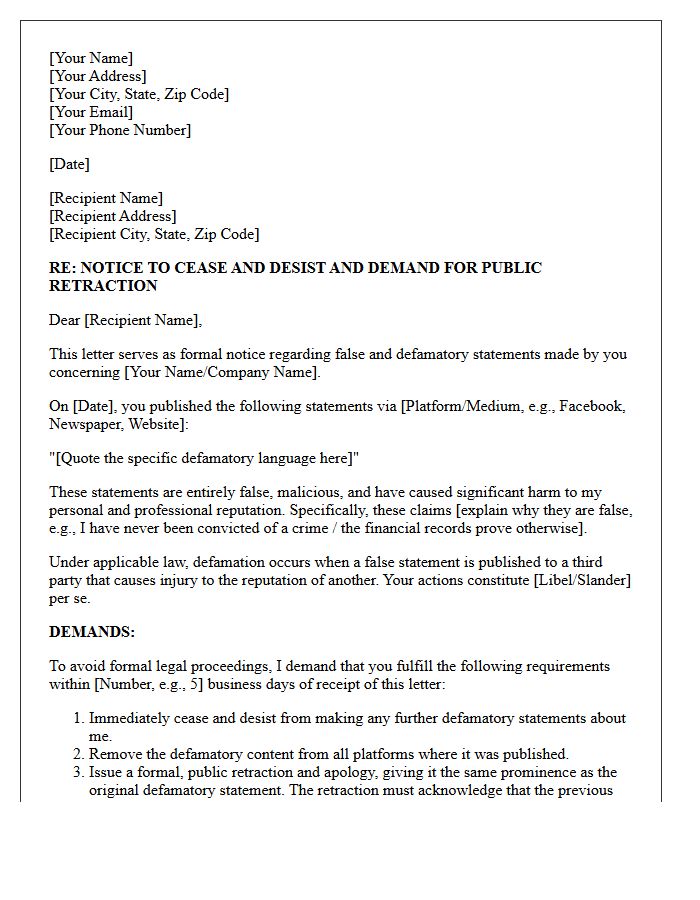 Defamation Claim Letter and Demand for Public Retraction