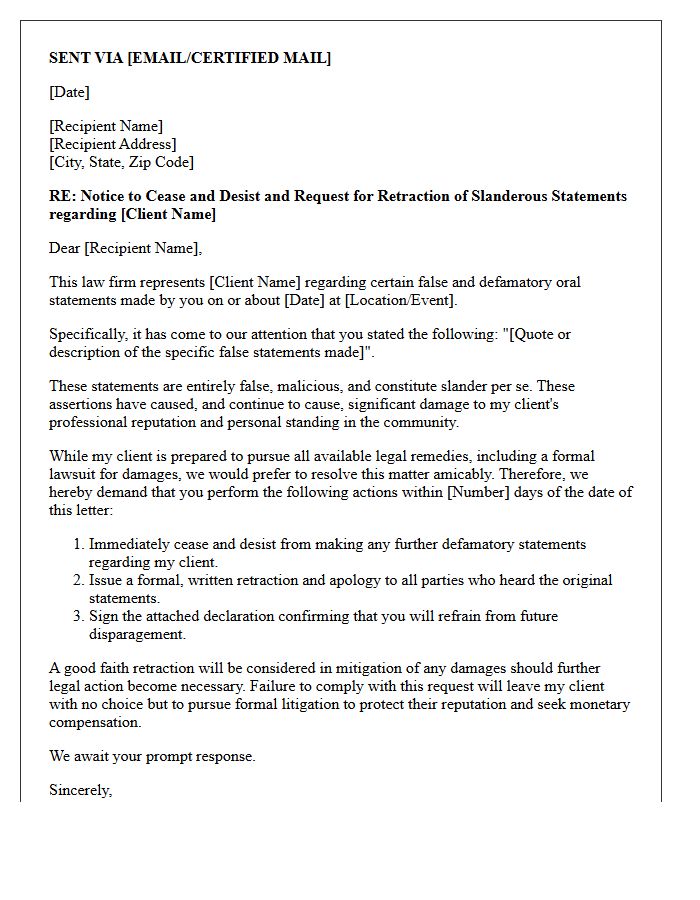 Counsel Letter Requesting Good Faith Retraction of Slander
