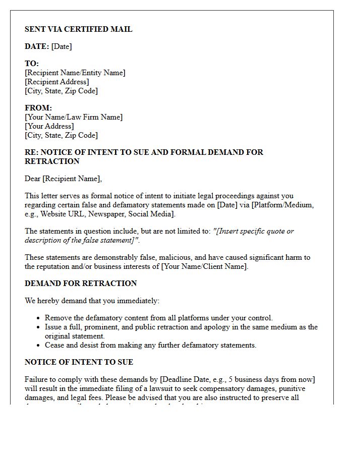 Notice of Intent to Sue Letter and Retraction Demand