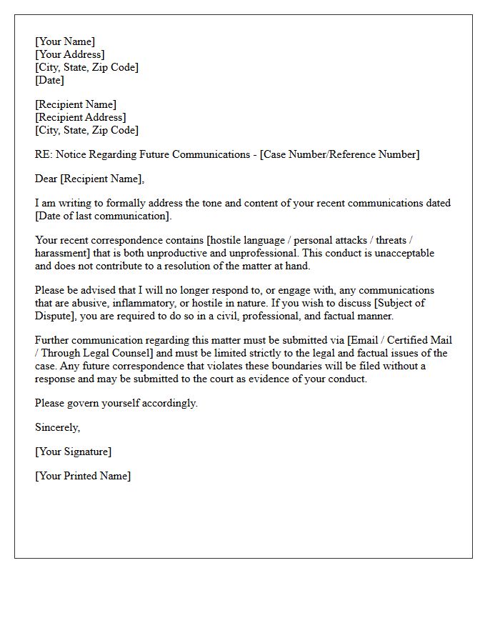 Hostile Opposing Party Communication Non-Engagement Letter