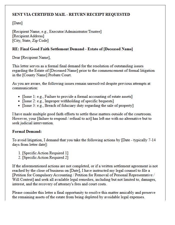 Final Good Faith Demand Letter Prior To Probate Litigation