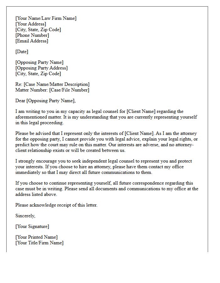Unrepresented Opposing Party Communication Non-Engagement Letter