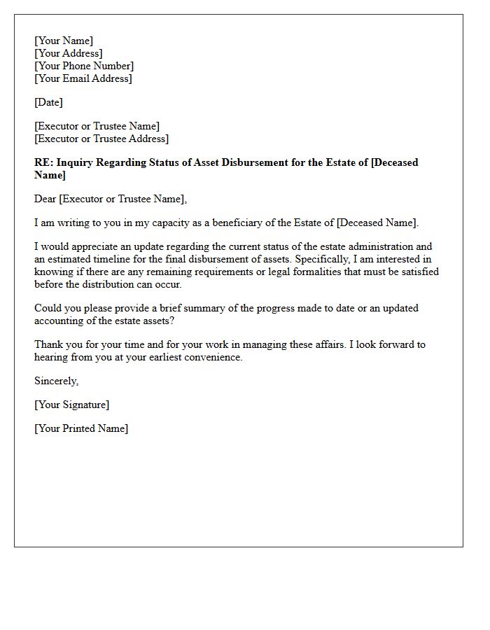 Beneficiary Inquiry Letter Regarding Estate Asset Disbursement