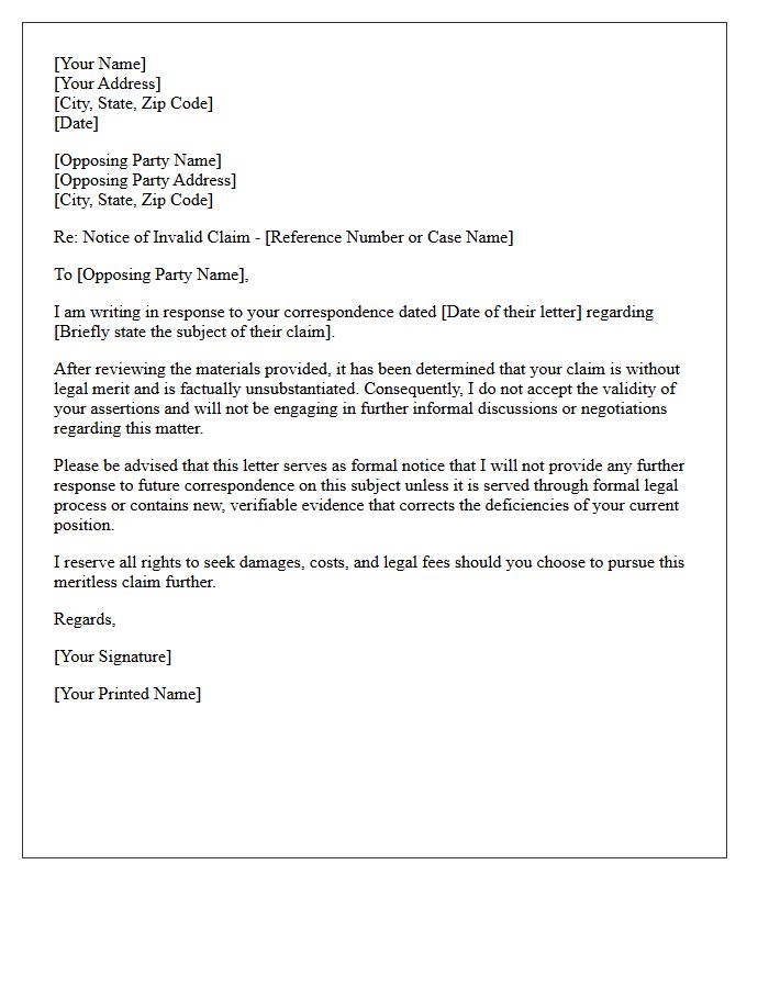 Invalid Claim Opposing Party Communication Non-Engagement Letter