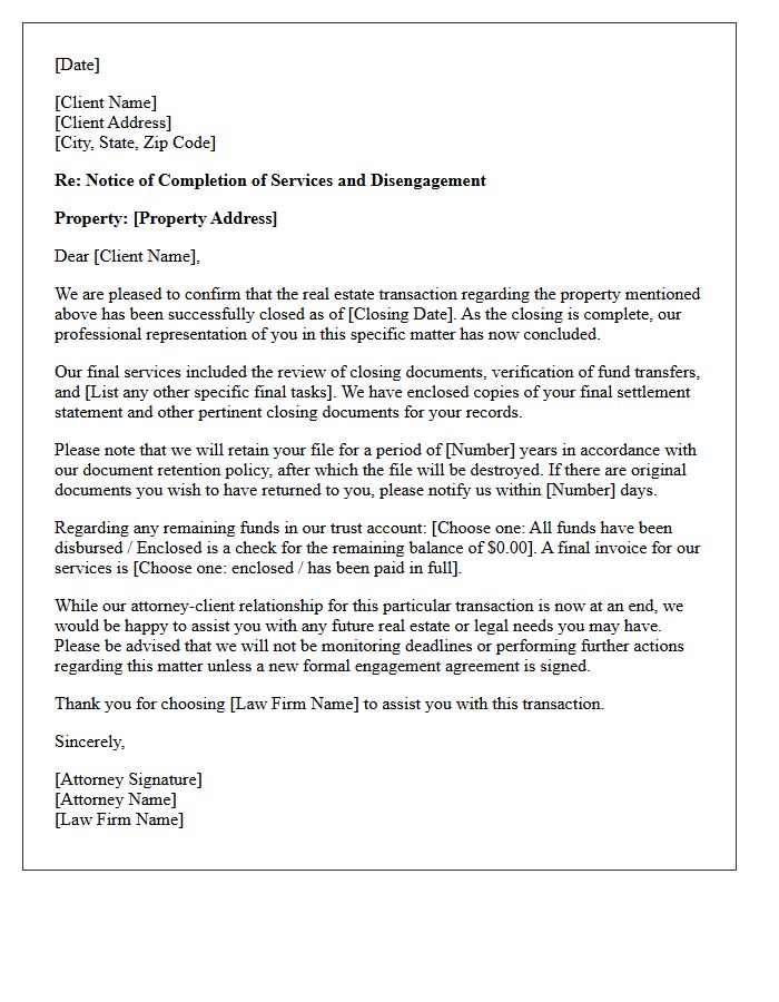 Real Estate Transaction Closing End of Matter Disengagement Letter