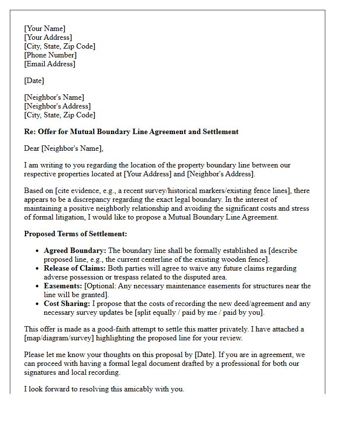 Letter Offering Mutual Boundary Line Agreement and Settlement