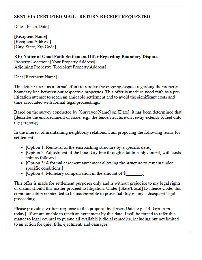 Pre-Litigation Good Faith Boundary Settlement Offer Letter