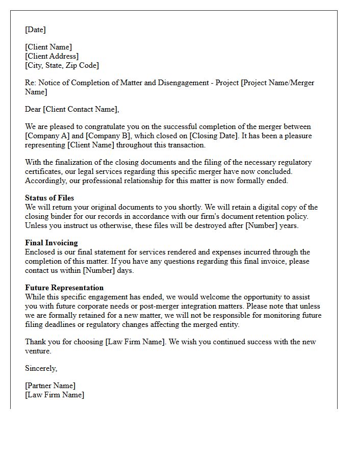 Corporate Merger Completion End of Matter Disengagement Letter