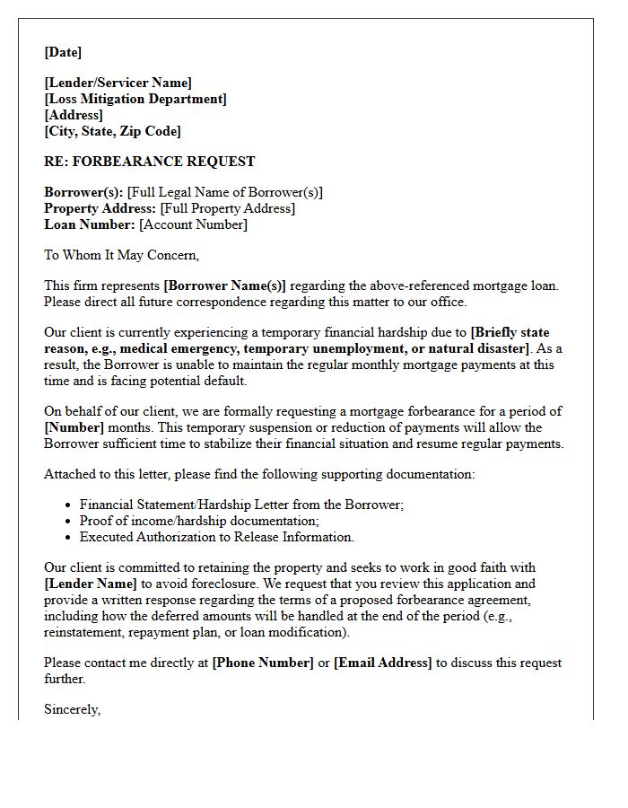 Legal Counsel Letter Requesting Mortgage Default Forbearance
