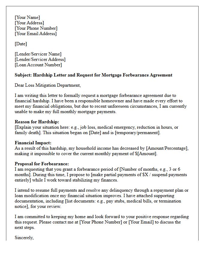 Borrower Hardship Letter Proposing Mortgage Forbearance Agreement