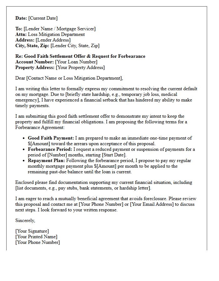 Good Faith Settlement Letter for Mortgage Default Forbearance