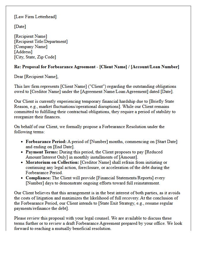 Law Firm Representation Letter Proposing Forbearance Resolution