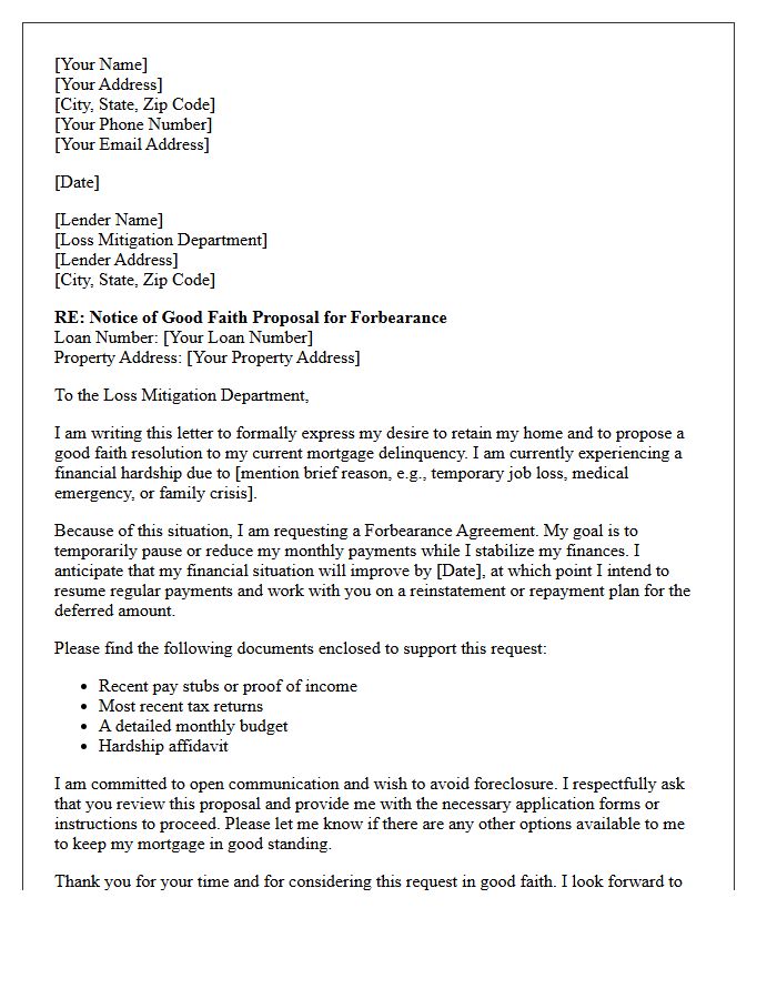 Pre-Foreclosure Good Faith Letter Proposing Forbearance