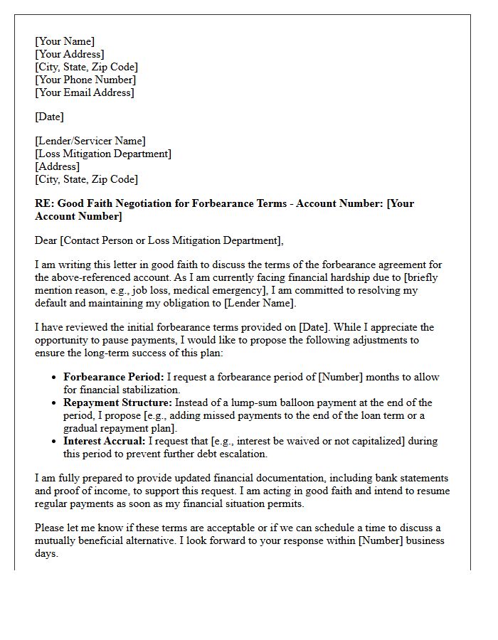 Good Faith Negotiation Letter for Default Forbearance Terms