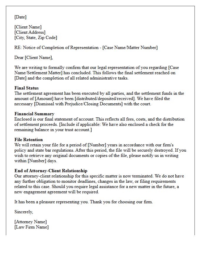 Civil Litigation Settlement End of Matter Disengagement Letter