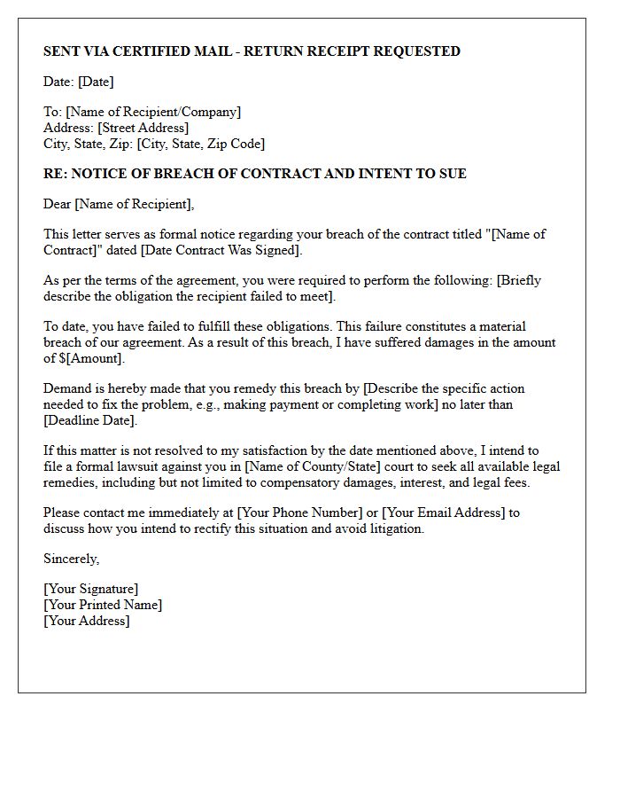 Breach of Contract Notice of Intent to Sue Letter