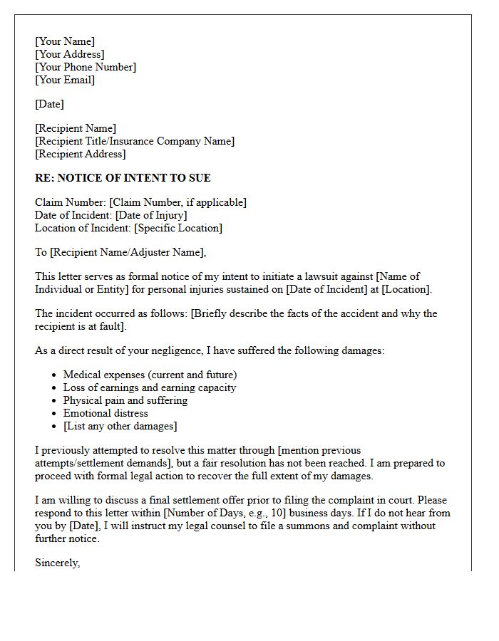 Personal Injury Notice of Intent to Sue Letter
