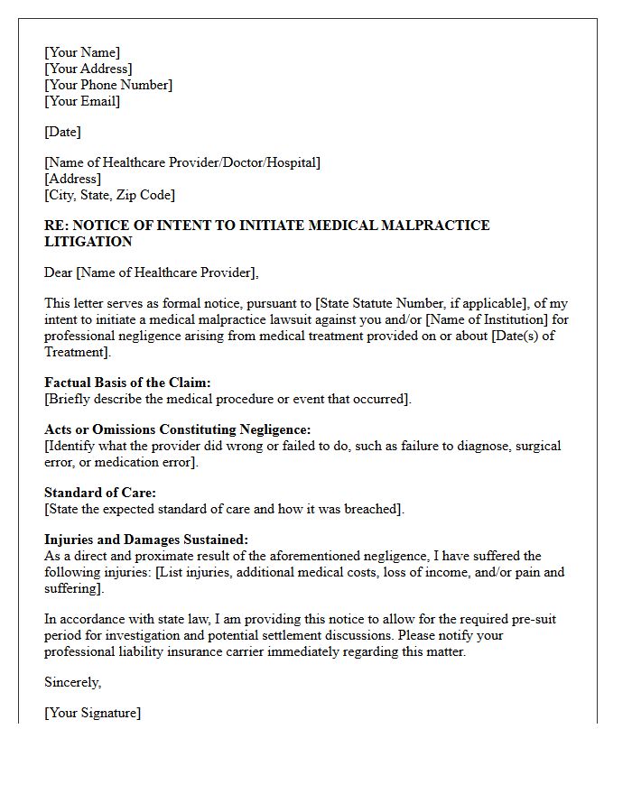Medical Malpractice Notice of Intent to Sue Letter