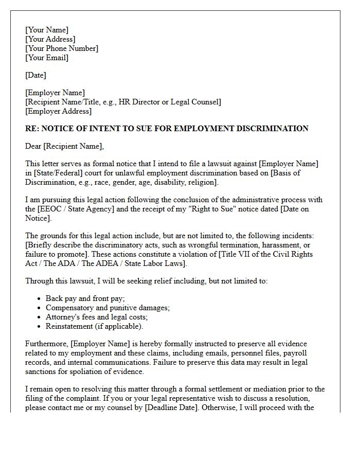 Employment Discrimination Notice of Intent to Sue Letter
