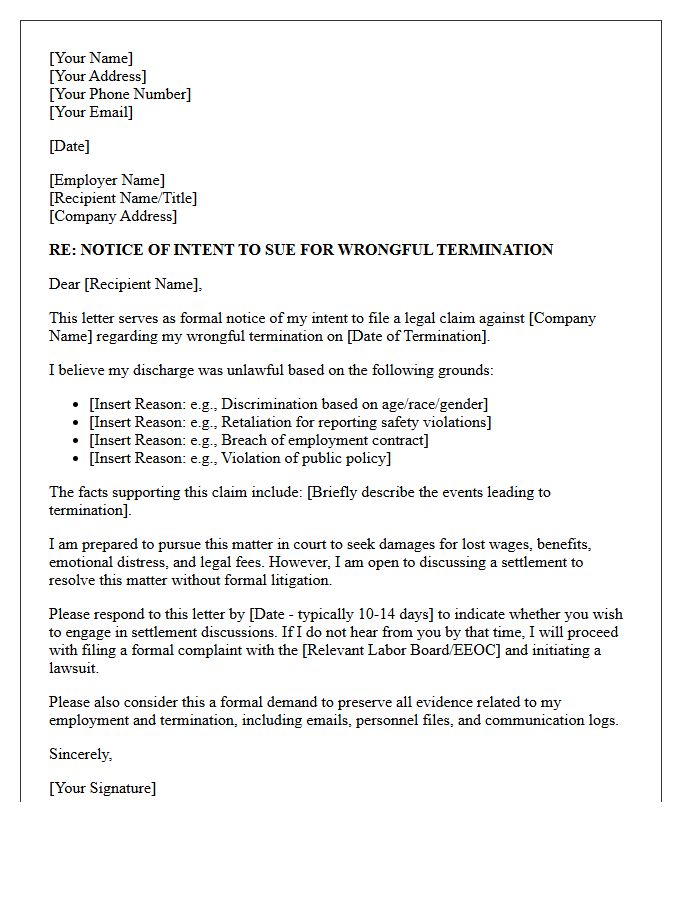 Wrongful Termination Notice of Intent to Sue Letter