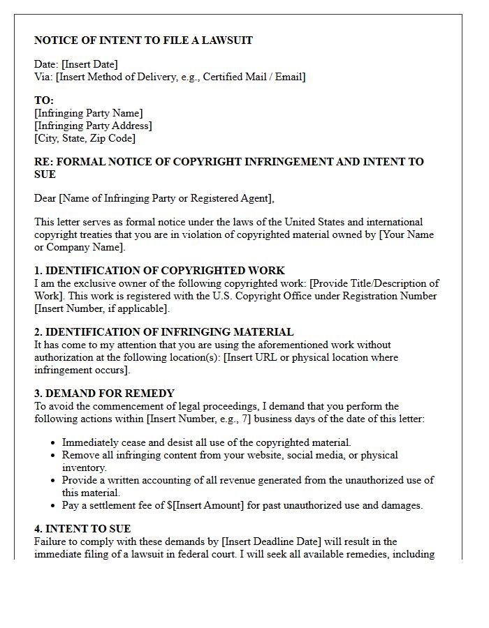 Copyright Infringement Notice of Intent to Sue Letter