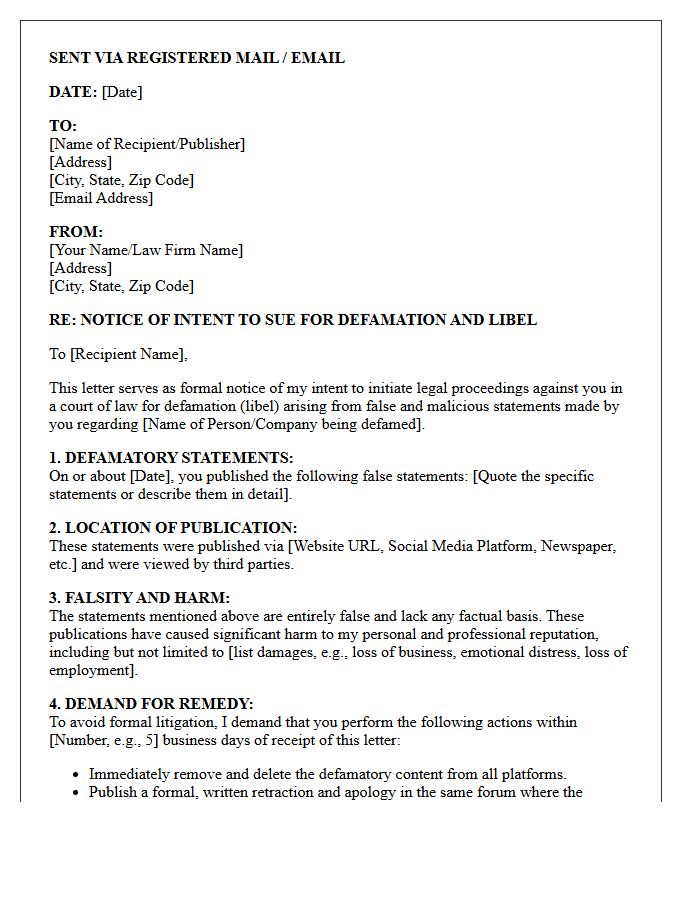 Defamation and Libel Notice of Intent to Sue Letter