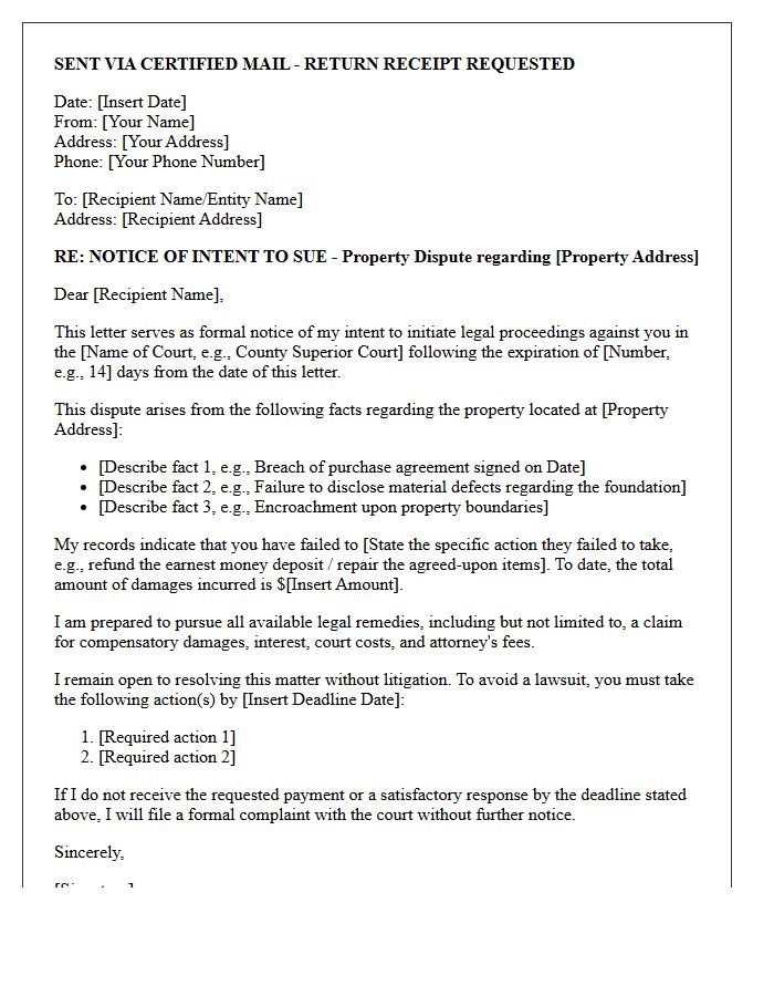 Real Estate Dispute Notice of Intent to Sue Letter