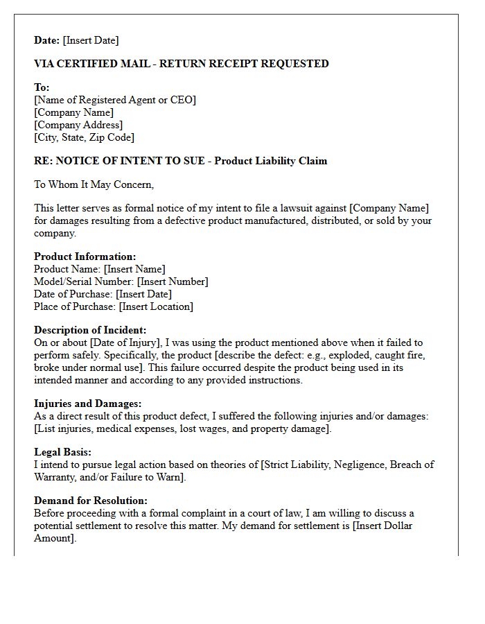 Product Liability Notice of Intent to Sue Letter