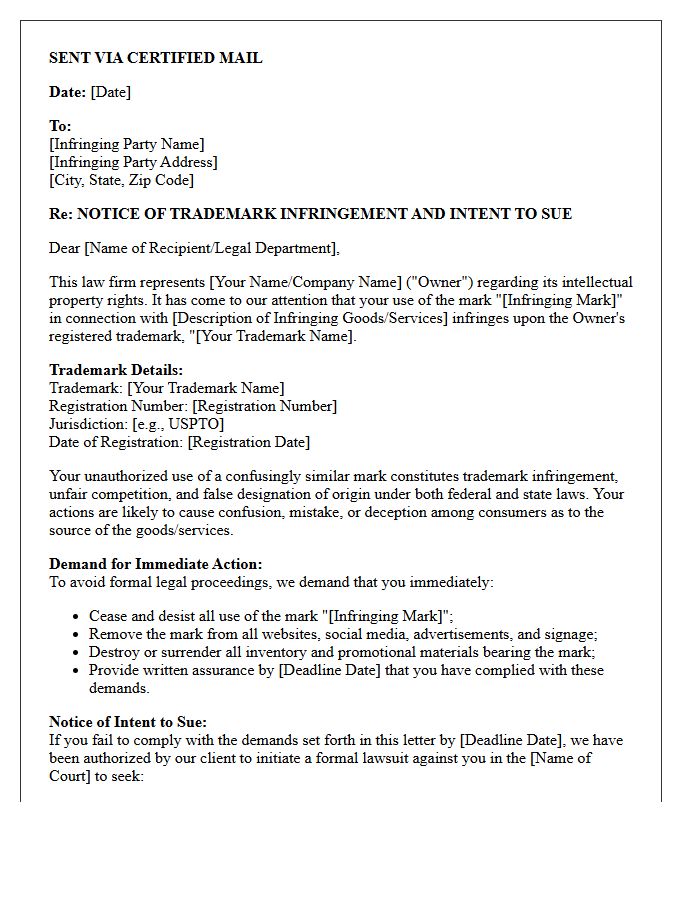 Trademark Infringement Notice of Intent to Sue Letter
