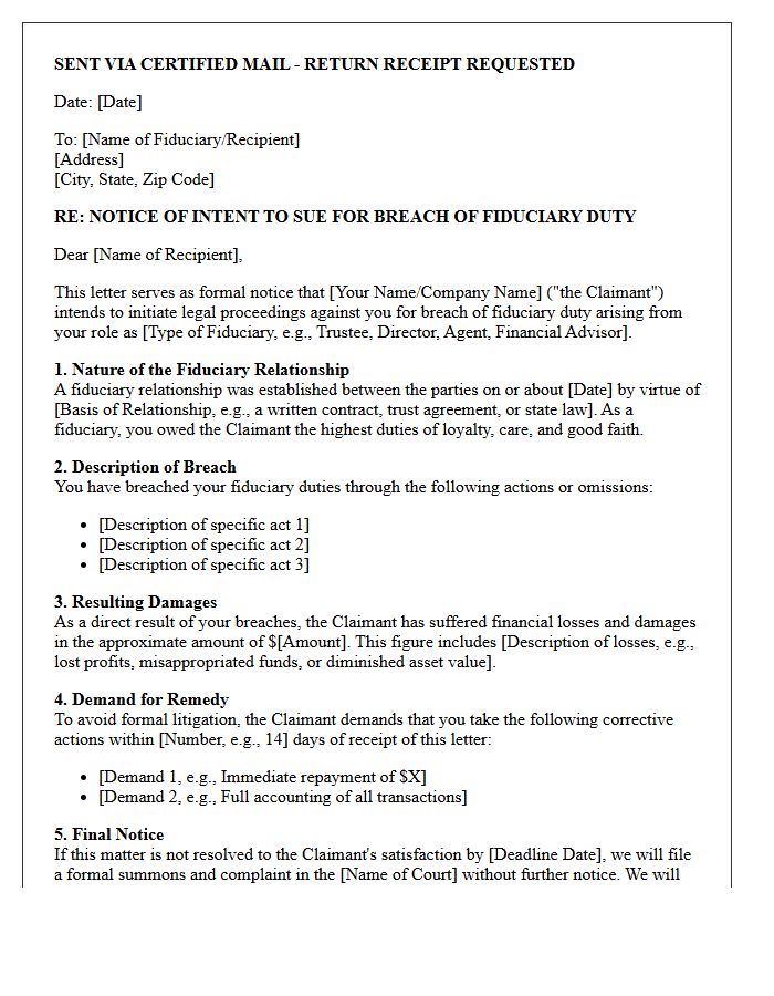 Breach of Fiduciary Duty Notice of Intent to Sue Letter
