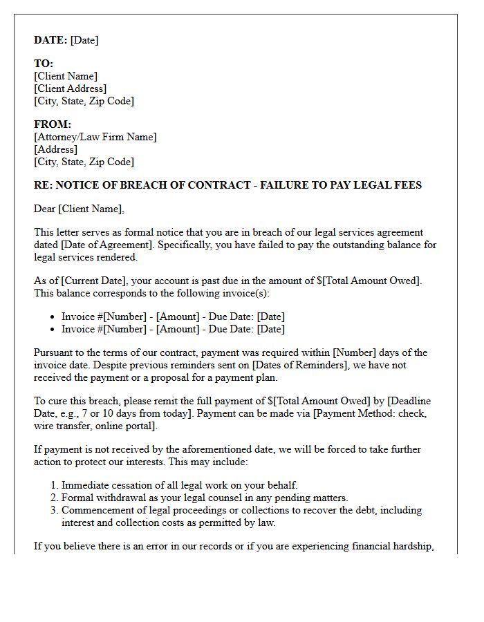 Notice of Breach of Contract Letter for Failure to Pay Legal Fees