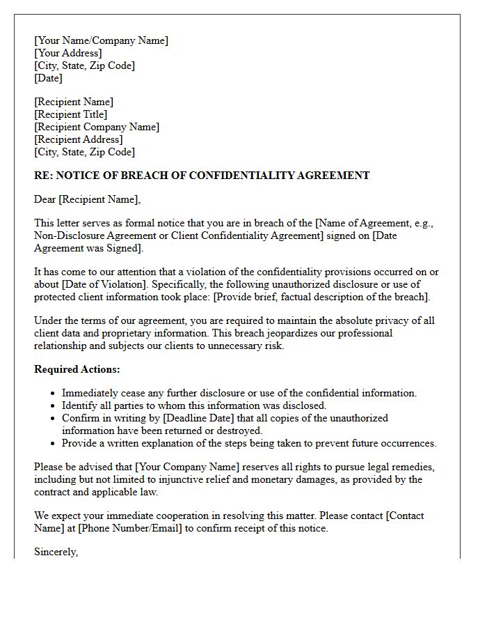 Notice of Breach of Contract Letter for Violation of Client Confidentiality Agreement