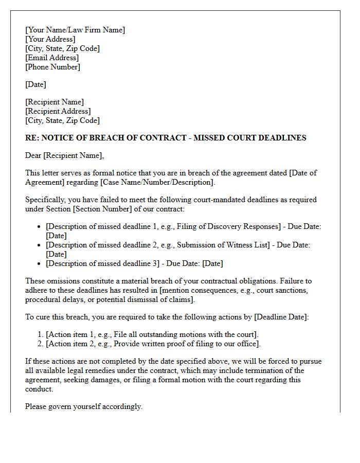 Notice of Breach of Contract Letter for Missed Court Appearance Deadlines