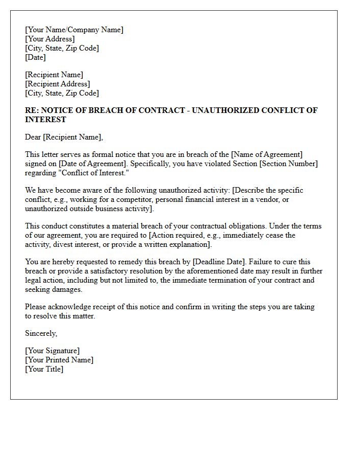 Notice of Breach of Contract Letter for Unauthorized Conflict of Interest