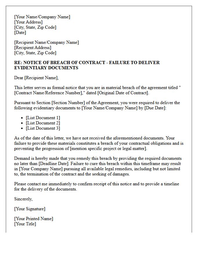 Notice of Breach of Contract Letter for Failure to Deliver Evidentiary Documents