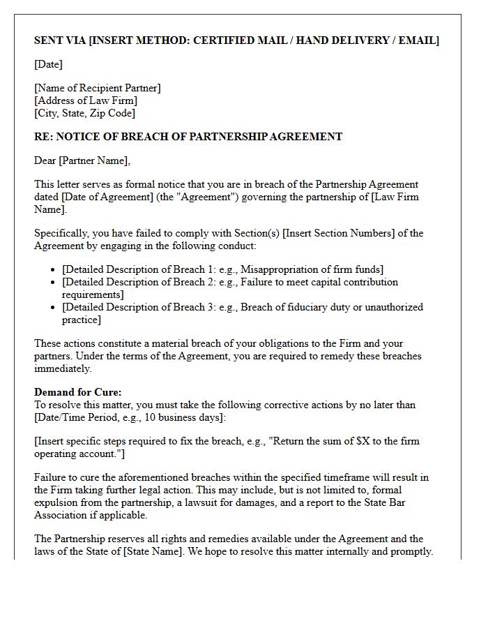 Notice of Breach of Contract Letter for Breach of Law Firm Partnership Agreement