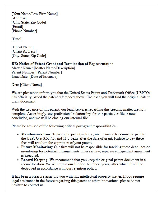 Intellectual Property Patent Grant End of Matter Disengagement Letter