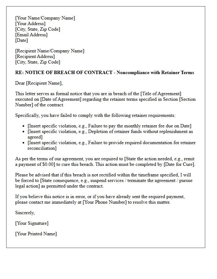 Notice of Breach of Contract Letter for Noncompliance With Retainer Terms