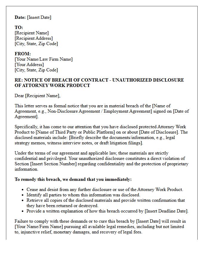 Notice of Breach of Contract Letter for Unauthorized Disclosure of Attorney Work Product
