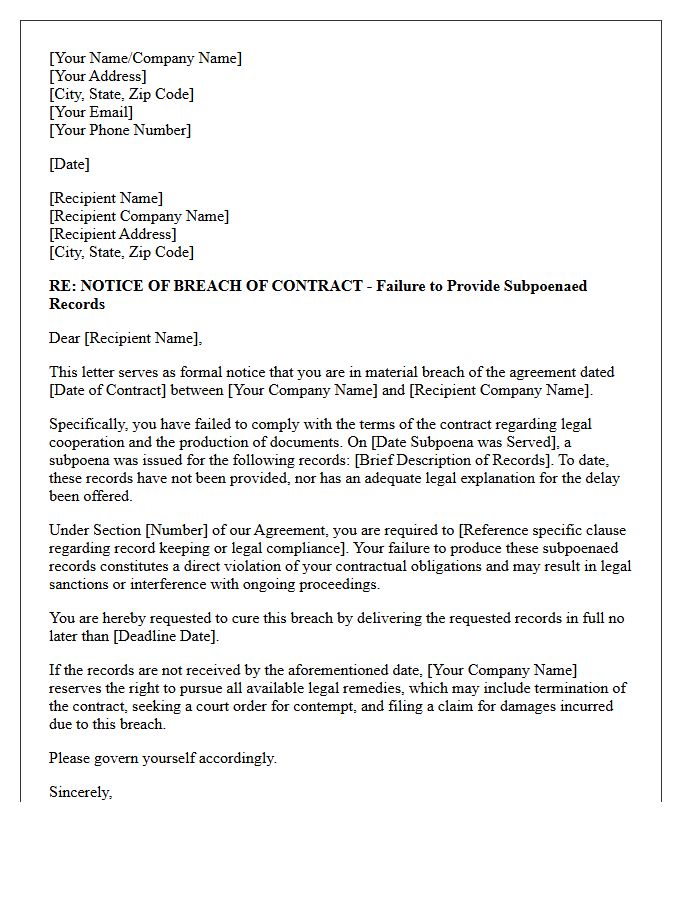 Notice of Breach of Contract Letter for Failure to Provide Subpoenaed Records
