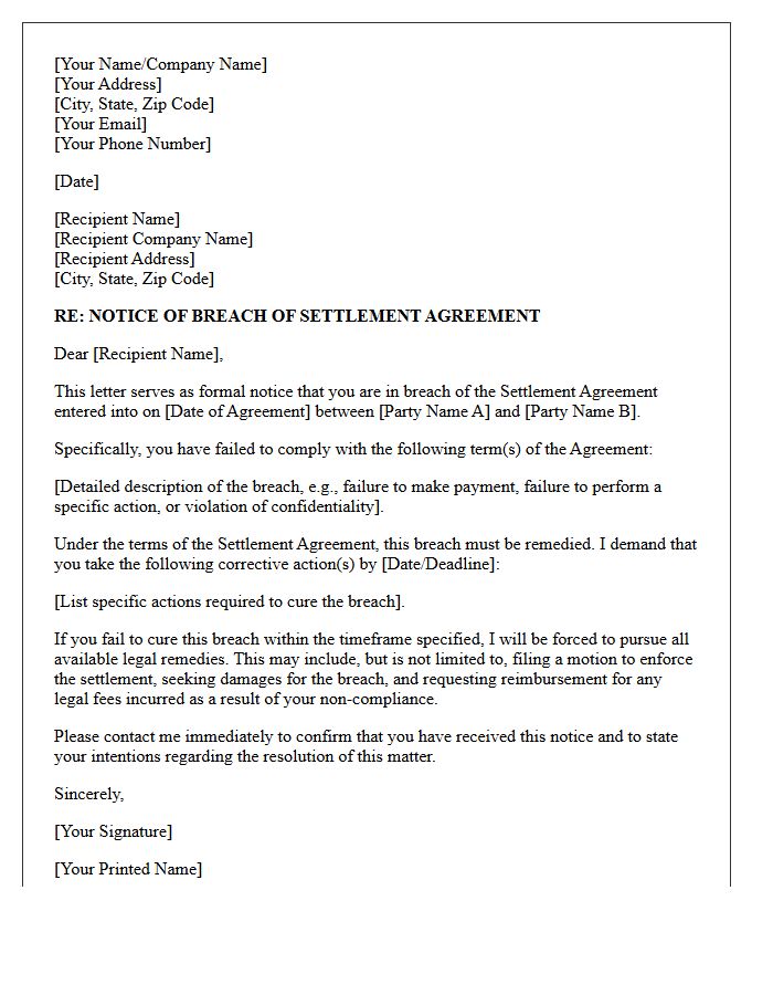 Notice of Breach of Contract Letter for Breach of Settlement Agreement Terms