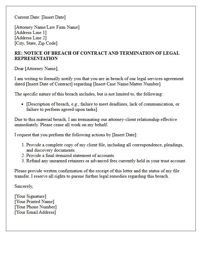 Notice of Breach of Contract Letter for Early Termination of Legal Representation